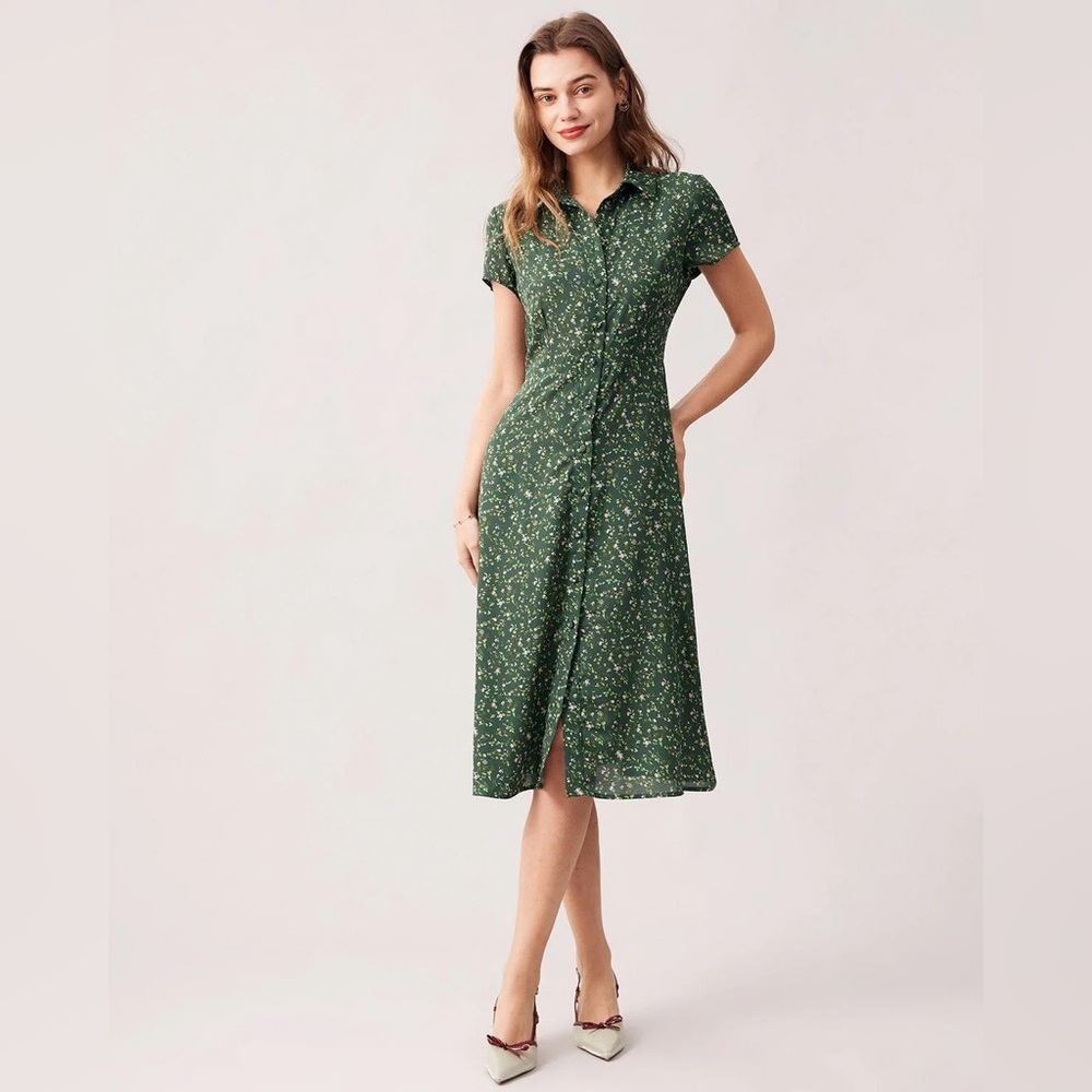 RIHOAS The Green Lapel Button Up Floral Midi Dress L